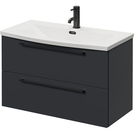 Napoli 390 Gloss Grey 800mm Wall Mounted 2 Drawer Vanity Unit with Arc Basin - 800mm - Matt Black 480mm Handle