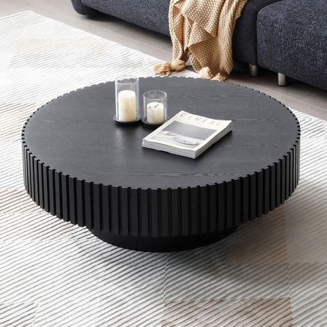 Runder Couchtisch aus MDF in Walnussfarbe/Natur/Schwarz, Ø80x35 cm, mit handgefertigtem Massivholz-Rahmen im Rillendesign, stabil & verzugsfrei, moderner Holztisch für Wohnzimmer (1/5)
