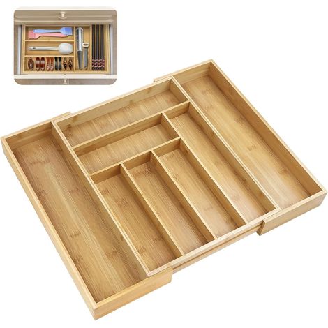 Boîte de rangement pour tiroir à vaisselle en bambou, plateau de rangement extensible pour la cuisine, taille réglable, 32 x 43 x 5 cm à 52 x 43 x 5 cm, 6 à 8 compartiments, grande capacité, facile à 