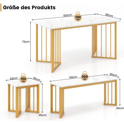Ensemble repas blanc et doré effet marbre avec banc et 2 tabourets, pieds stables et rangement sous table pour cuisine (1/5)