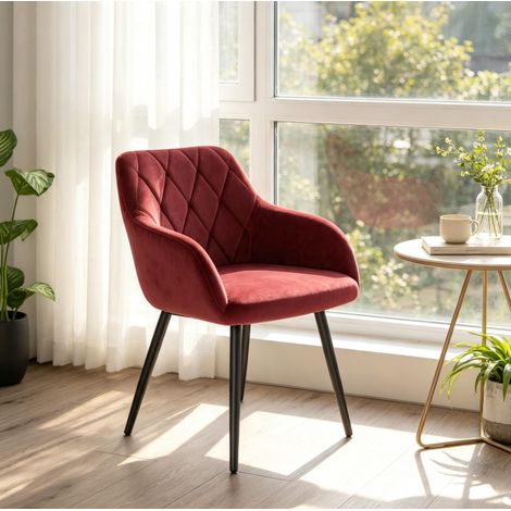 Silla de comedor de terciopelo rojo con brazos y patas metálicas, 1 unidad (1/5)