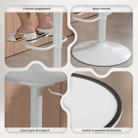 2 Tabourets de bar blancs à dossier pivotants, assise en cuir PU, hauteur ajustable avec repose-pieds