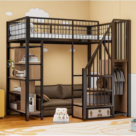 lit adulte mezzanine rangement 90x200 métal bois noir OKMYHOME (1/5)