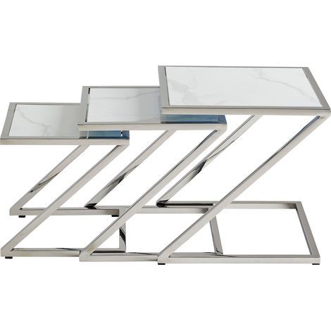 Guéridon Gigogne Z Chrome & Céramique Marbre Blanc – 45x45 / 40x40 / 35x35 cm (1/4)