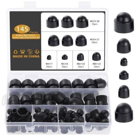 145 Pièces Cache Ecrou, M4 M5 M6 M8 M10 M12 Cache Boulon Noir Bouchon Ecrou Cache Tete de Vis Capuchon Ecrou, Hexagonal Protection Cache pour Écrous Vis Boulons (1/4)