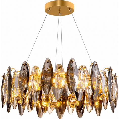 Lustre Artistique en Cristal 40 cm, Suspension Dorée Style Plumes et Feuilles de Cristal, Luminaire de Luxe Hauteur Réglable, Métal & Cristal, 5 Douilles E14 pour Salon, Salle à Manger, Chambre