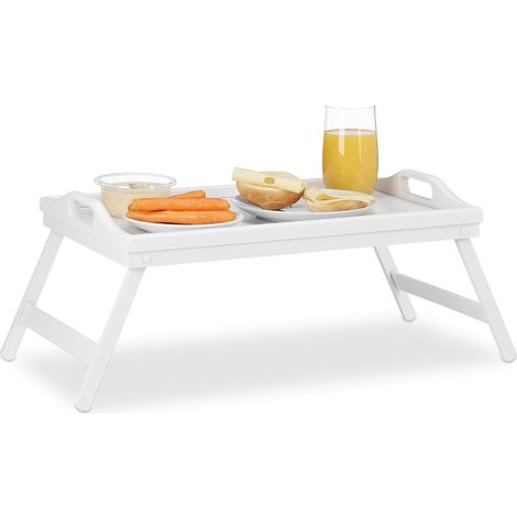 Lot de 2 Plateaux de Lit Pliants - Bambou Laqué Blanc - Bords Surélevés et Poignées - Service Petit Déjeuner et Canapé - 61,5 x 30 cm (1/5)