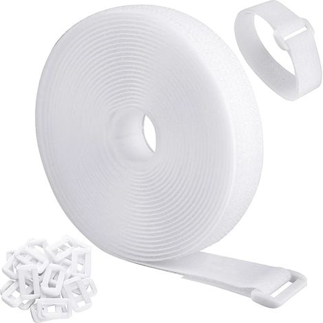 Attaches Velcro de 5 mètres de long et 2 cm de large. Comprend 20 boucles. Attaches de câble Velcro, organisateur de câbles, gestion des câbles, attaches de câble réglables, blanches. (1/5)