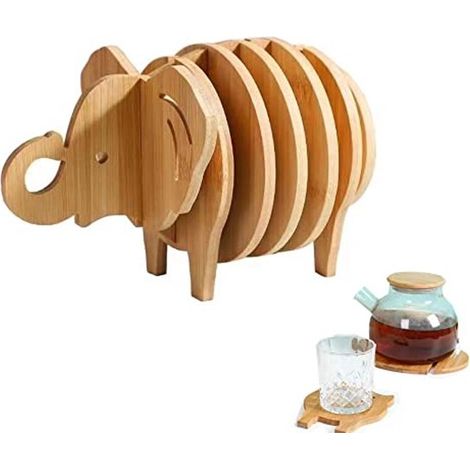 8 sottobicchieri in bambù con motivo elefante 3D, resistenti al calore, rotondi, marroni (1/4)