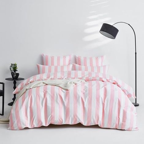 Housse de Couette 140x200 Coton avec 1 Taies d'oreiller 65x65 cm-100% Coton Pur- Design Rayures Rose Blanc Parure de Lit 1 Personne en Respirable avec Fermeture Éclair (1/5)