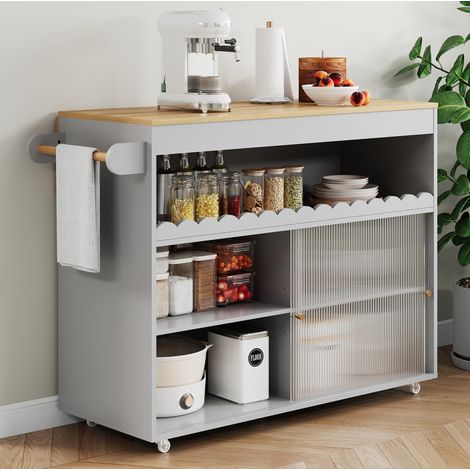 Isola cucina pieghevole su ruote 122x46(69)x91 cm, MDF grigio, ante in vetro temperato (1/5)