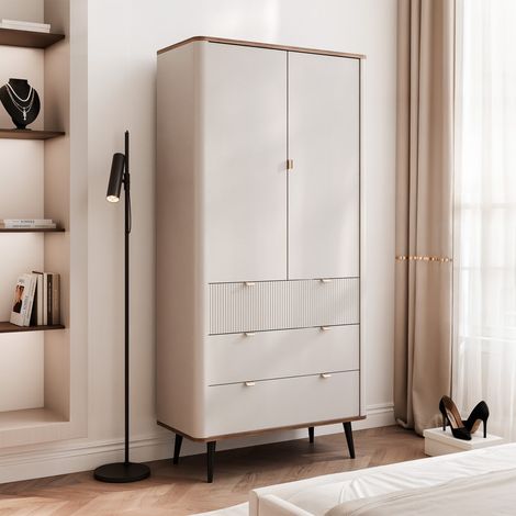 Armoire NAVANI - 2 portes et 3 tiroirs - 90x60x191 cm - Cachemire/noyer (1/5)