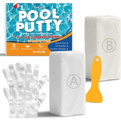 Mastic Époxy pour Piscine 340g, Bi-Composant Mastic pour Piscine, Colle Réparation Rapide de Fissures et Fuites, Sous l'Eau et au-dessus de l'Eau, pour Carrelage, Ciment, Métal, Plastique (Blanc) (1/5)