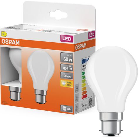 OSRAM Lampe LED forme étoile filament A60, 2700 K blanc chaud, 5,9 W, B22d, dépolie, 806 lm, 15 000 h, pour plafonniers et lampadaires, non éblouissante