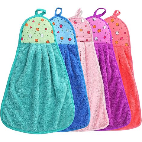 Paquete de 5 toallas de mano suaves para cocina o baño, de forro polar coral, fáciles de colgar para un secado rápido, gran absorción de agua, 38 x 28 cm (1/5)