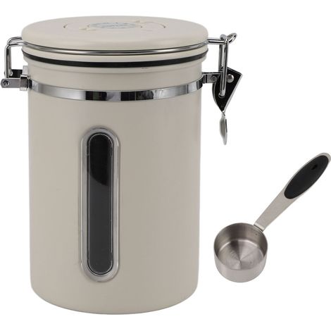 Boîte à café 1800ml en acier inoxydable 304 avec fenêtre design, valve unidirectionnelle et cuillère, récipient hermétique pour grains de café, beige (1/5)