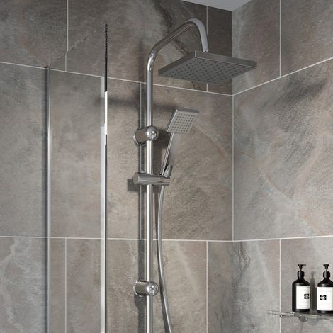 Bathroom Shower Kit Adjust Riser Rail Hose Twin Shower Heads Chrome Square Set (1/5)