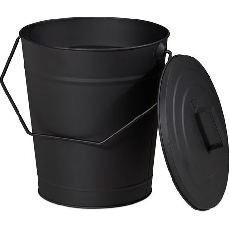 Seau à cendres en acier noir 12L Couvercle avec poignée Pour refroidissement cendres chaudes et rangement charbon Accessoire cheminée (1/5)