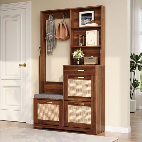 Zapatero de entrada 100x30x170 cm en MDF marrón con banco, ahorro de espacio - MEUBLIV (1/5)