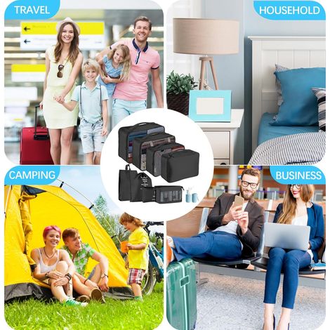 Jsdoin Lot de 9 cubes d'emballage pour valise, organiseurs de bagages de voyage pour sac à dos, sac de voyage imperméable, accessoires de voyage (Noir, 9 Pcs)