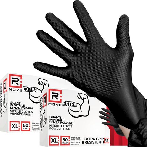 R Move Gants en Nitrile Noir Diamantés Sans Poussière Extra Grip 8,5 Gr - 100 Pz (50 Paires) Taille XL (1/5)