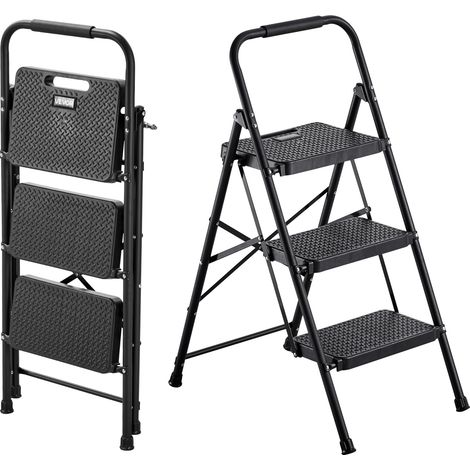 VEVOR Scaletta Pieghevole Salvaspazio con 3 Gradini, con Ampio Pedale Antiscivolo e Comoda Impugnatura, Scala in Acciaio Portatile Leggera con Capacita di 272 kg, Multiuso per Cucina, Casa, Nero
