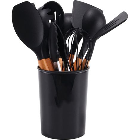 Ensemble de 11 Ustensiles de Cuisine en Silicone avec Poignée en Bois et Seau de Rangement Noir pour Camping (1/5)