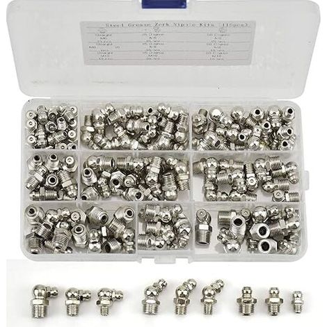 115 Pièces Assortiment de graisseurs, M6 M8 M10 Raccords Filetés de Graissage en Fer Nickelé Droit et Coudé 45°/90° pour Équipement Mécanique (1/5)