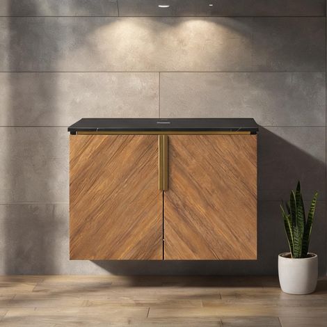 Meuble sous vasque en pierre frittée noire avec rangement oak (1/5)