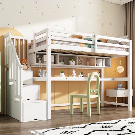 Letto a soppalco per bambini moderno in legno massello+MDF bianco 90x200 cm con scala contenitore, scrivania e ripiani (1/5)