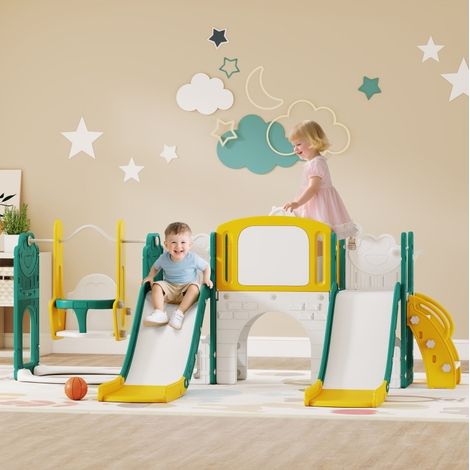Scivolo e altalena 9 in 1 per bambini piccoli, con canestro, giallo e verde OKMYHOME (1/5)