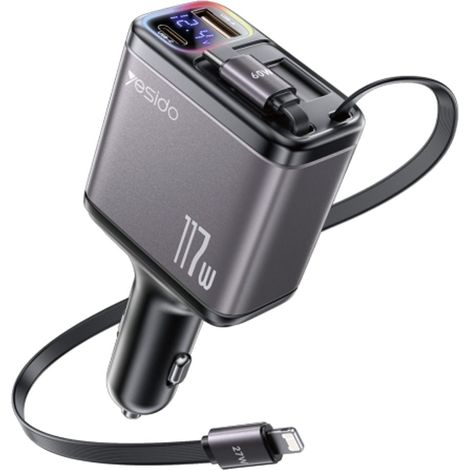 Yesido 4-in-1 USB-C/USB-A Kfz-Ladegerät mit USB-C/Lightning-Kabeln, 117 W - Schwarz