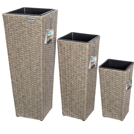 CASARIA® 3x Rattan Plant Pots  Flower Box Set  Water Drainage with Lock  Wicker Look Indoor Outdoor Flower Boxes  Entrance Decoration  Black, Brown, Cream  Cream