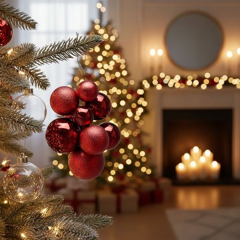 Addobbo decorativo grappolo d'uva con sfere rosse per albero di Natale (1/3)