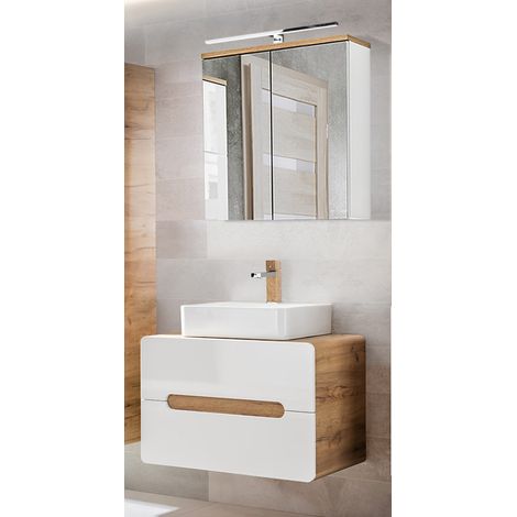 Badmöbel Waschplatz Set 2-tlg mit Keramik-Waschtisch LUTON-56 Hochglanz weiß mit Wotan Eiche Nb. B/H/T ca. 80/200/46 cm (1/5)