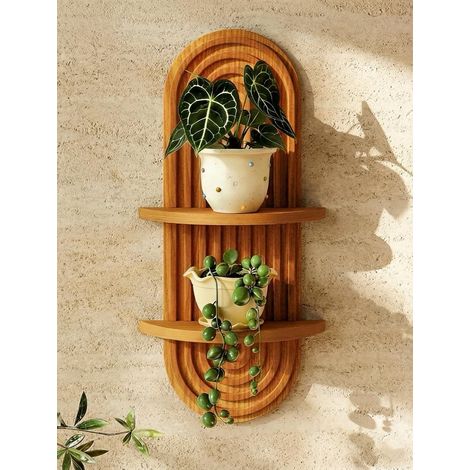 Bohemian 2 Tier Wooden Plant Rack Wall Shelf Brown Mid Century Hanging Wooden Floating Shelf for Home Bedroom Living Room (1/5)