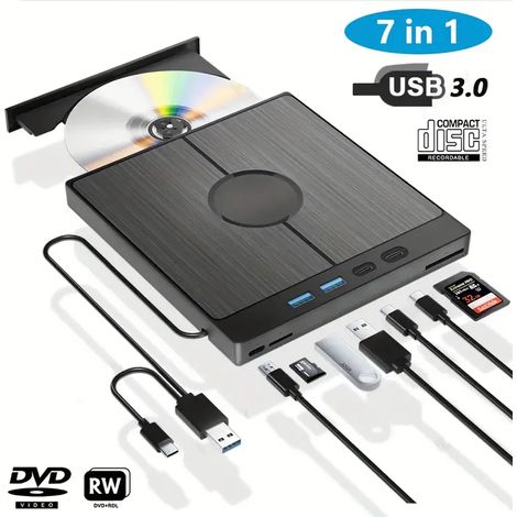 Lecteur CD/DVD externe 7 en 1, enregistreur optique CD/DVD externe USB 3.0 Type-C avec lecteur de cartes SD/TF (1/5)