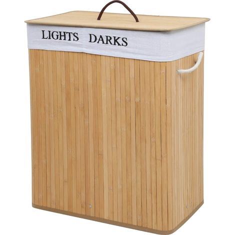 Mondeer – Panier à linge pliable en bambou 100L – 2 compartiments – Dimensions 52 x 32 x 63 cm – Sac amovible lavable beige – Léger 2,2 kg (1/5)