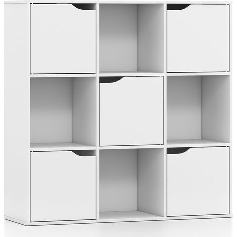 Bibliothèque blanche en bois à 9 cases avec 5 portes et dispositif anti-basculement pour salon, bureau et chambre (1/5)