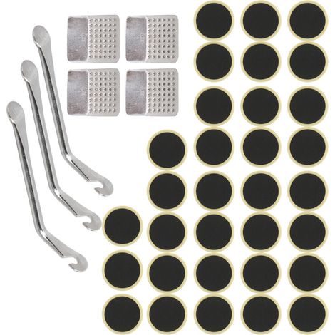 Ce kit de réparation de chambre à air de vélo, composé de 39 pièces, comprend un levier de pneu, une rustine et une lime métallique. (1/5)