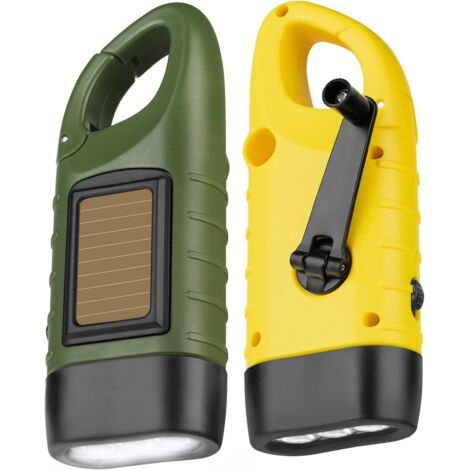 lampe de Poche LED d’Urgence, 2 Pièces Lampe Torche Solaire Rechargeable, Lampes de Poche Dynamo avec Mousqueton, Mini Lampe Torche avec Manivelle et Panneau Solaire pour l’Extérieur/Camping [Classe é (1/5)