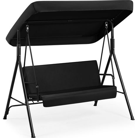 Yaheetech Dondolo da Giardino 3 Posti Reclinabile con Tettuccio Regolabile e Cuscini Imbottiti in Metallo e Tessuto Nero 170 × 112,5 × 162,5 cm Esterno Balcone Terrazzo Cortile