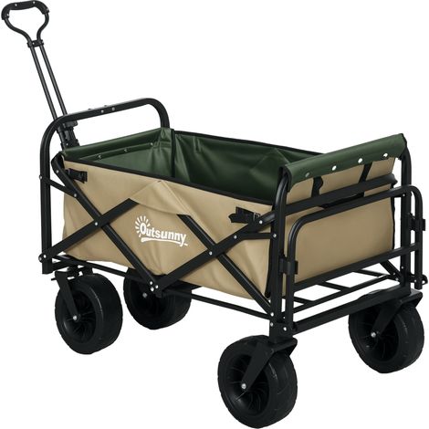 Carrello da Giardino 110L con Maniglia Telescopica e Fondo Apribile in Acciaio e Tessuto Oxford, Cachi