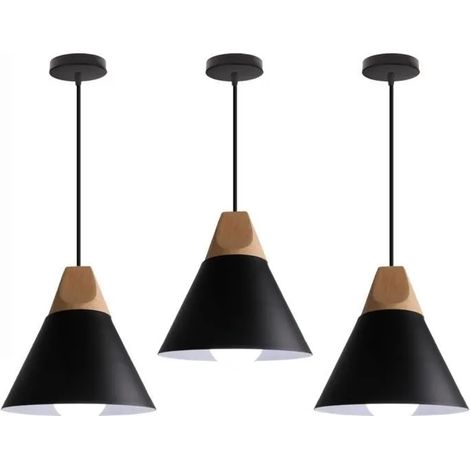 U-Do 3x Ajustable Suspension Luminaire design en Bois Vintage Lampe en Fer Noir Lustre Brillant pour Chambre Bureau Bar (1/4)