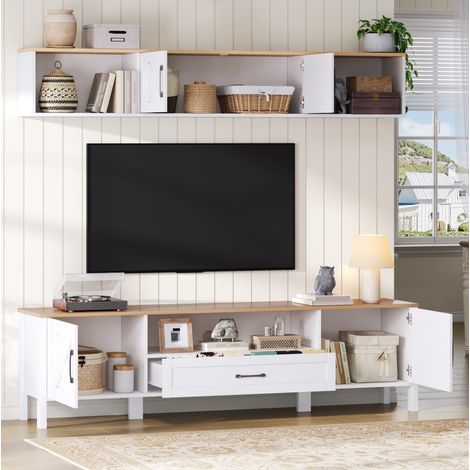 REDOM - Mueble TV 180x40x50 cm, con vitrina colgante, 4 armarios y 1 cajón, MDF blanco (1/5)