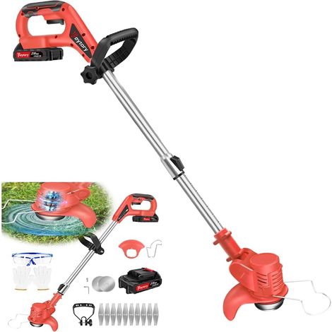 Tondeuse à gazon à batterie sans fil, débroussailleuse/tondeuse à gazon électrique à batterie 21V, débroussailleuse sans fil, tondeuse électrique, tondeuse de jardin, rouge (1/5)