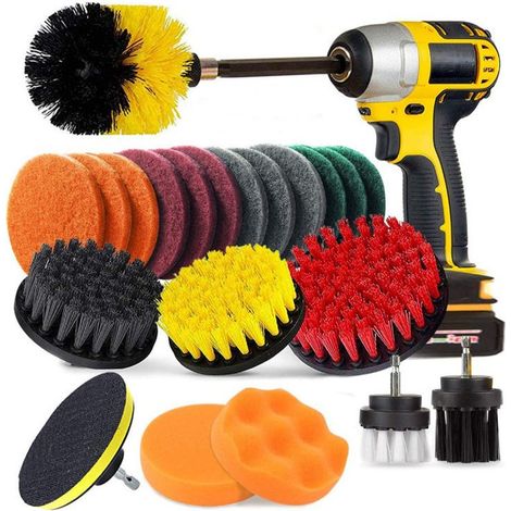 22 Pièces Brosse De Nettoyage Pour Perceuse,Attachement Brosse De Perceuse Électrique Kit Nettoyage De La Salle De Cuisine Bain Carrelage Coulis Tapis De Sol Voiture Gommage Grill Turbo (1/4)