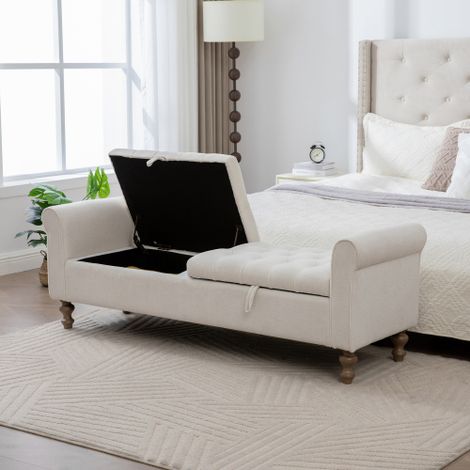 Panca moderna con 2 coperchi e vano contenitore, poggiapiedi in velluto con braccioli arrotondati, utilizzabile anche come lettino, gambe in legno di caucciù, per soggiorno, corridoio, camera da letto (1/5)