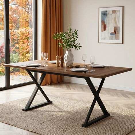 Table à manger moderne - 180 x 90 x 75 cm - Pour 6 à 8 personnes - Plateau effet bois de noyer - Pieds en métal (1/5)
