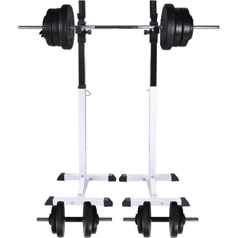 Le rack à poids est livré avec un ensemble d'haltères et de disques pour barre, totalisant 60,5 kg. (1/5)